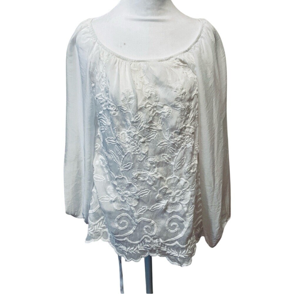 Viola Borghi 1X‎ Embroidered White Tunic Blouse stretch Plus Size